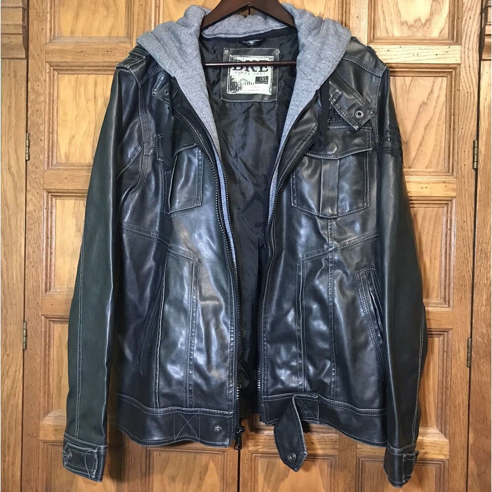 BKE Faux Leather Hoodie Jacket Men's XL Black Biker Bomber 90's Y2K Retro Grunge